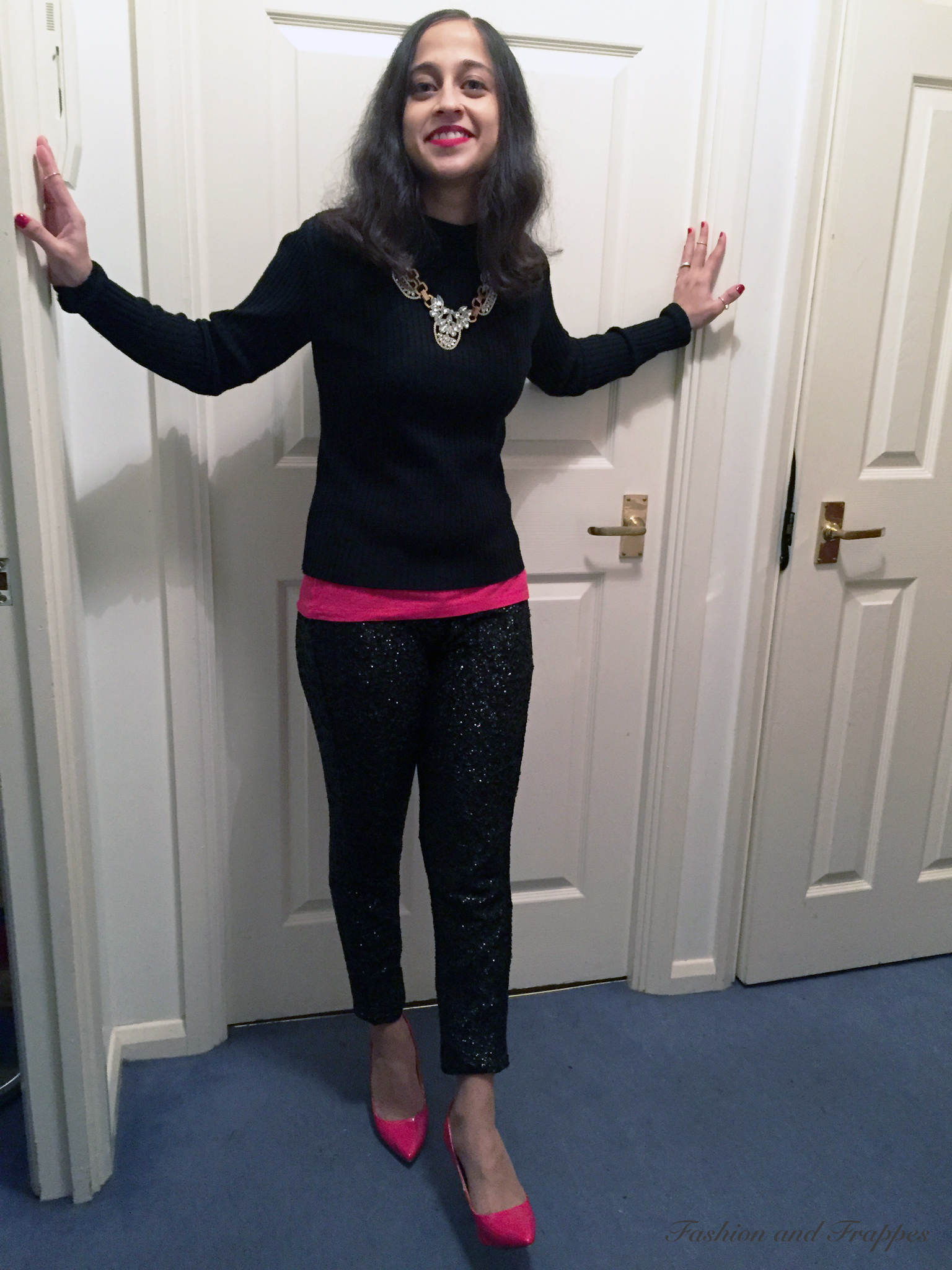 Red camisole from Gap, red pumps from Zara, bib necklace from eBay, black high neck ribbed jumper (very old, brand unknown) and black sequin trousers custom tailored. 