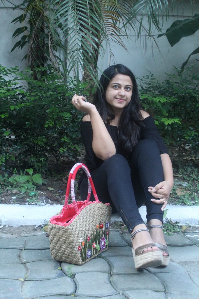 All black and basket bag