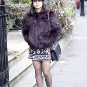 Embroidered mini skirt, faux fur maroon jacket