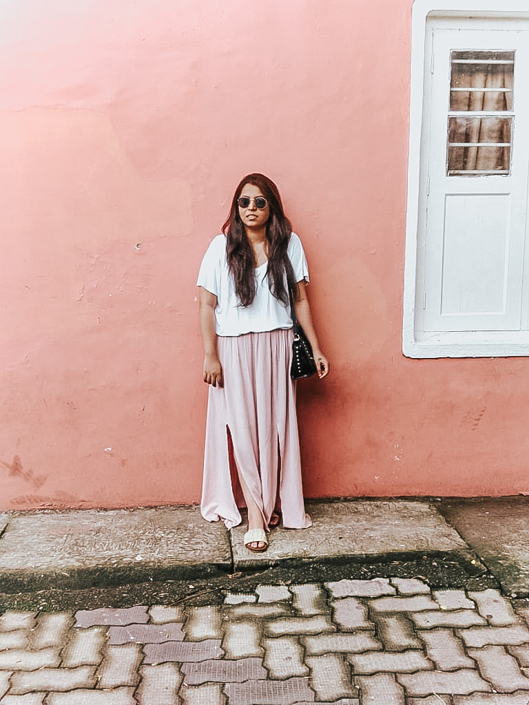 Pink wall outfit photo maxi skirt