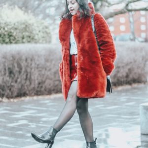 fast fashion red faux fur outfit