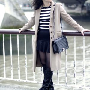 Neutral outfit over the knee boots