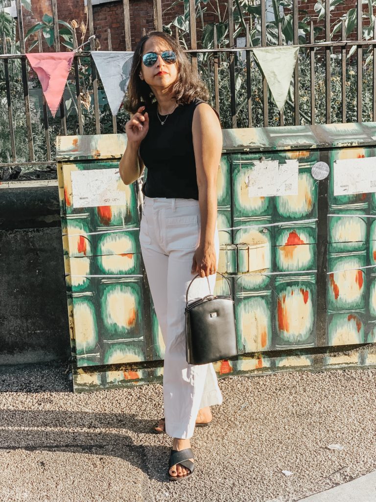 Sezane White Jeans and Black Everlane Top