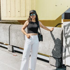 Sezane White Jeans and Black Cropped Top