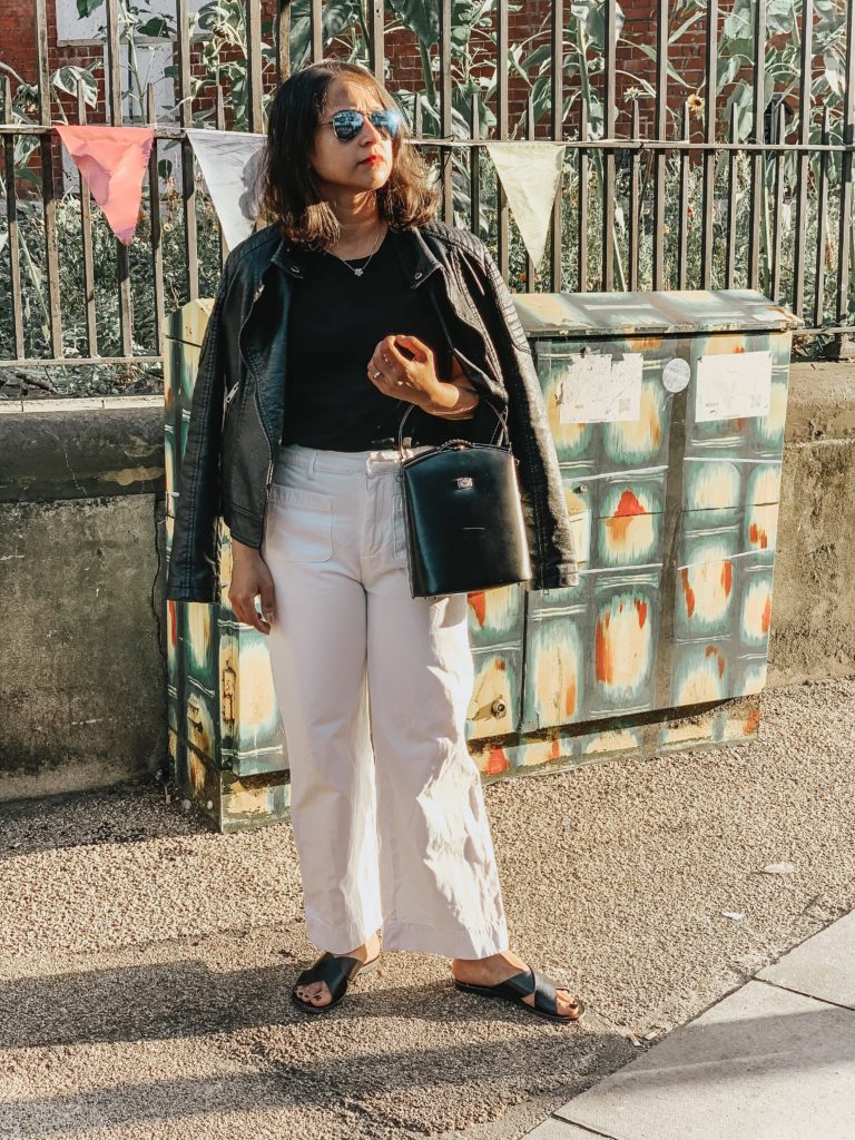Sezane White Jeans and Black Everlane Top