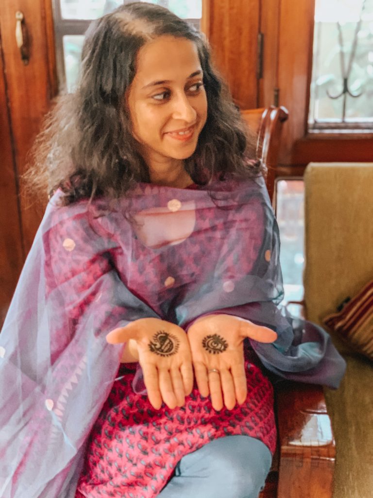 Mehendi on palms pink and blue churidaar