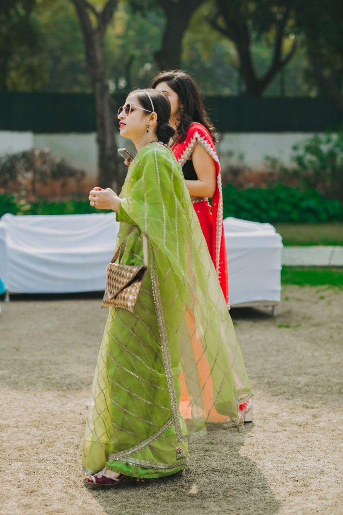 Bright green sari pearl headband wedding season