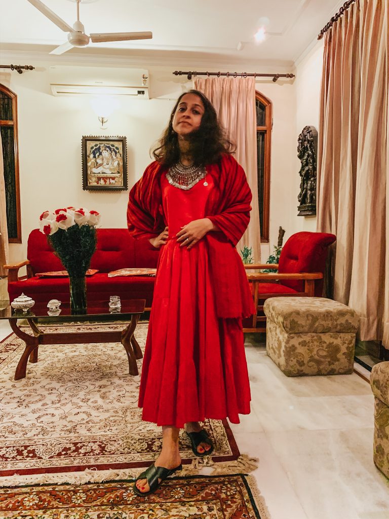 Red raw silk maxi dress