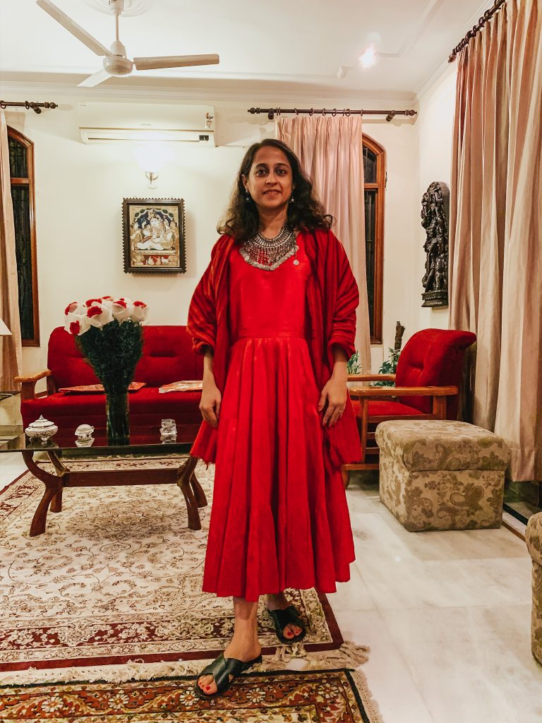 Red raw silk maxi dress