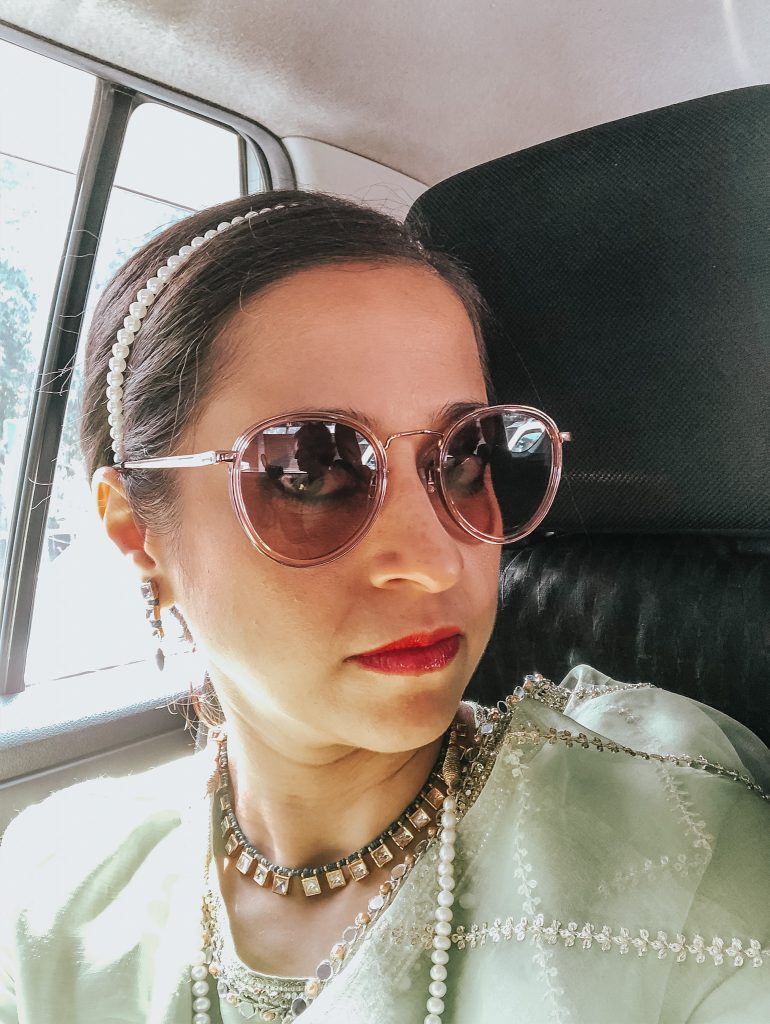 Bright green sari pearl headband wedding season
