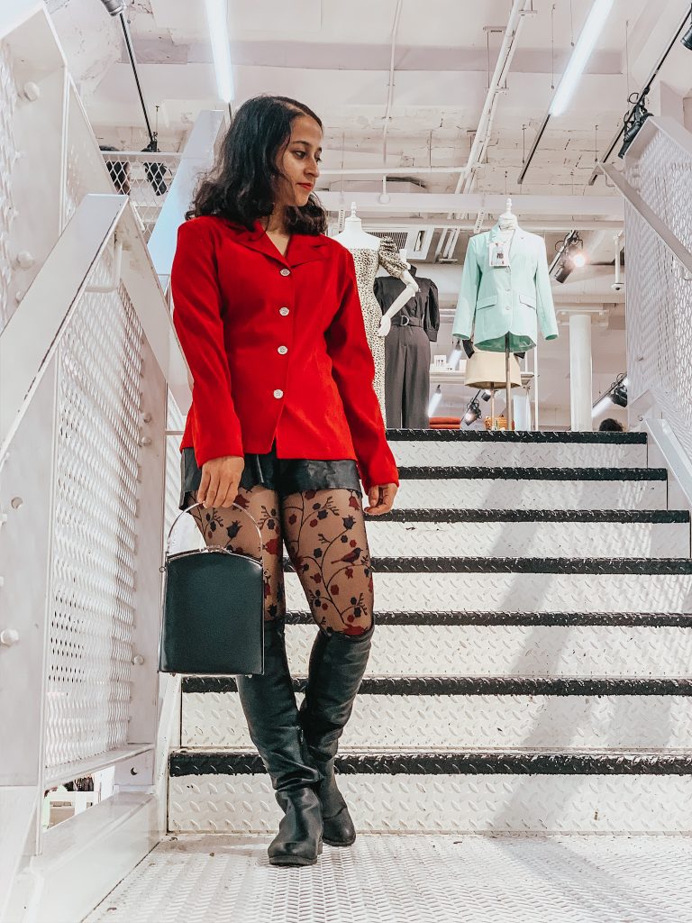 Red blazer black shorts outfit