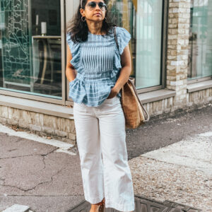 Lost Stock Box - blue frilly top and white jeans