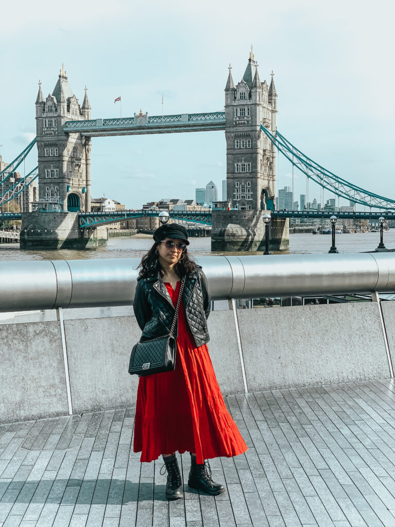 leather jacket red maxi dress
